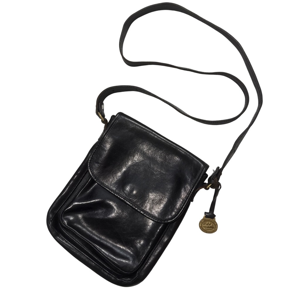 Brahmin Black Leather Crossbody Bag Made in USA Vintage Brass Logo Charm